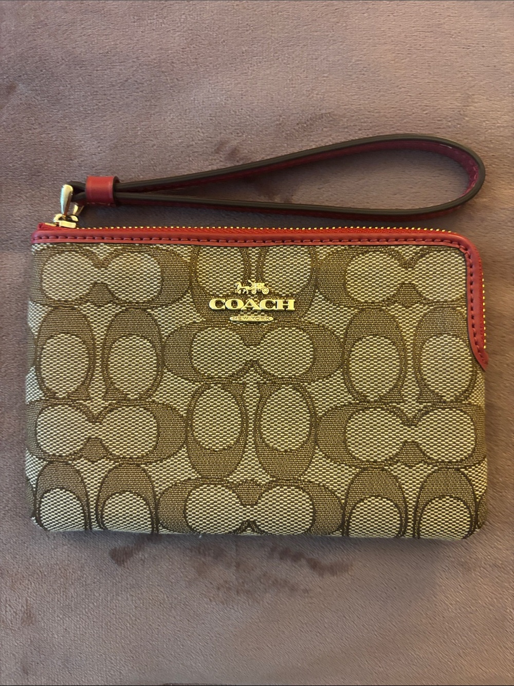 Coach Brown Signature Canvas Wristlet with Red Trim